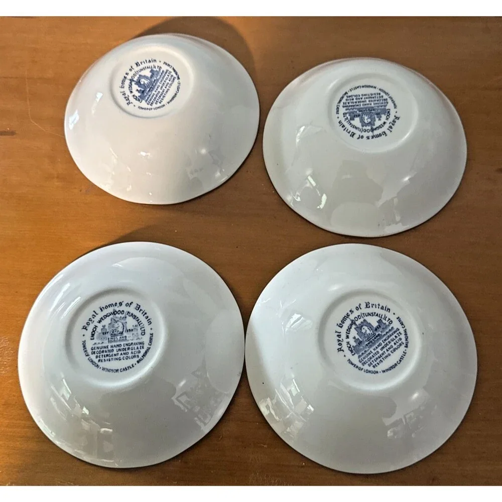 4 VTG WEDGEWOOD Royal Homes Of Britain Blue White Cereal Coupe Bowls  6 3/8”